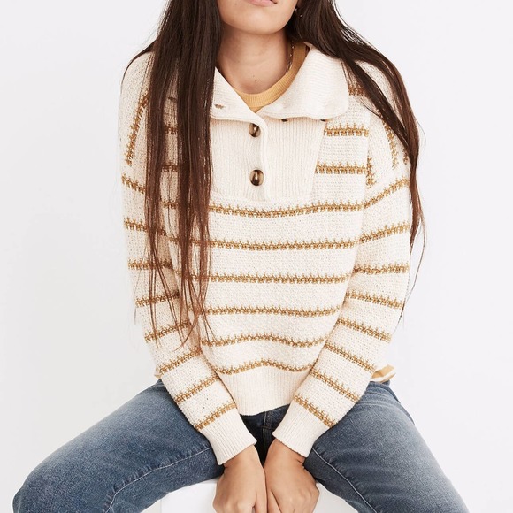 Madewell Canby Button Mockneck Sweater Striped Cream Tan in Stripe Size XS - Picture 1 of 9